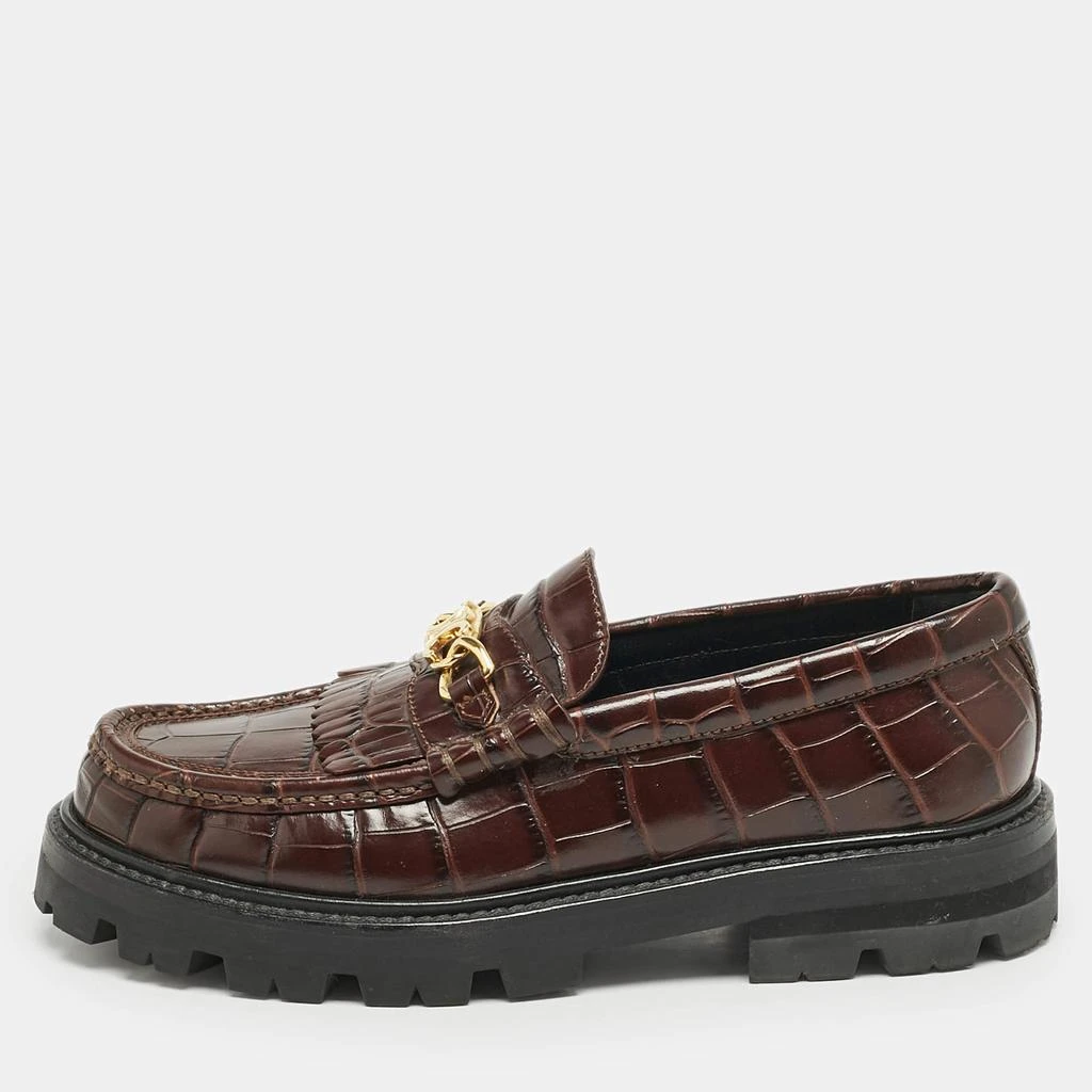Shop Celine Dark Brown Croc Embossed Leather Margaret Fringe  display picture 1