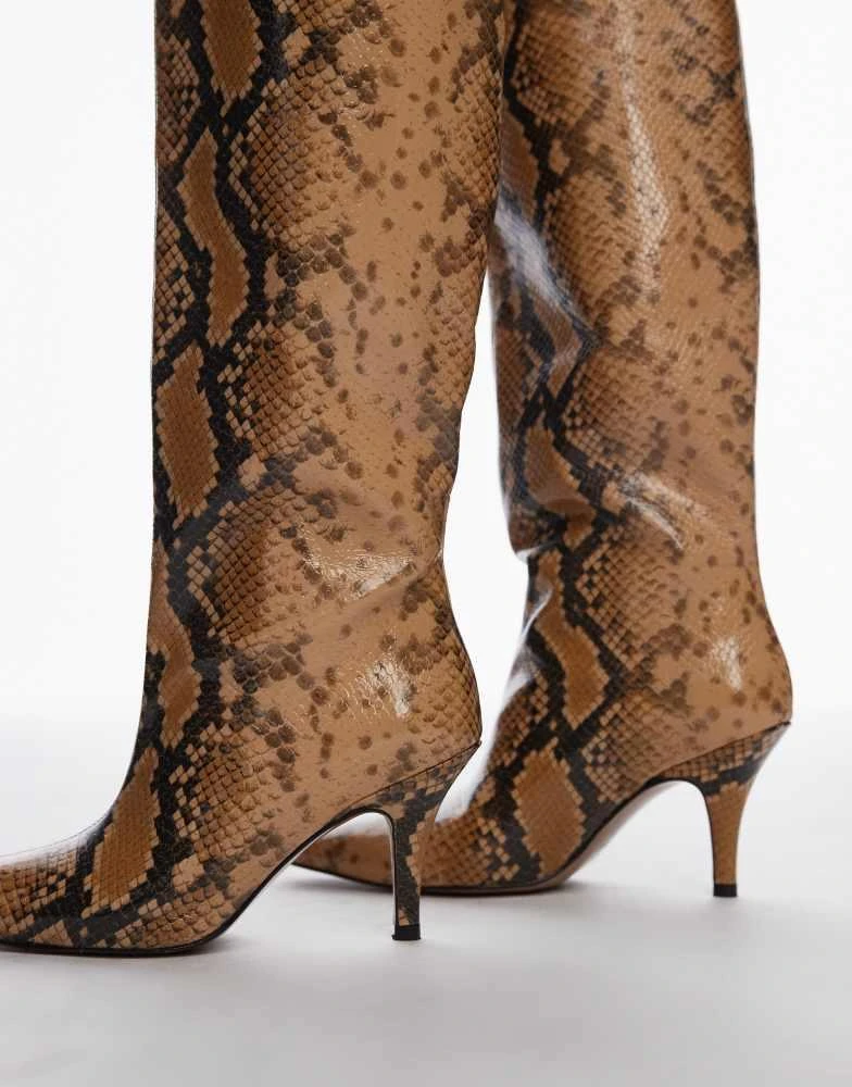 Mango Mango snake print knee high heeled boots in grey 4
