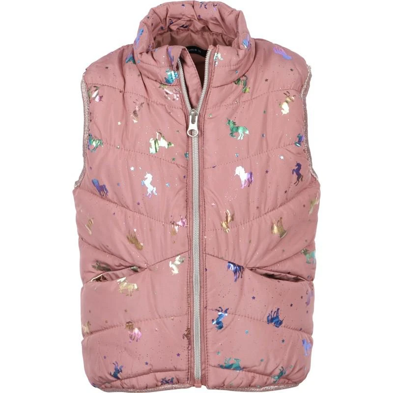 NAME IT® Iridescent unicorns print padded gilet in pink 1