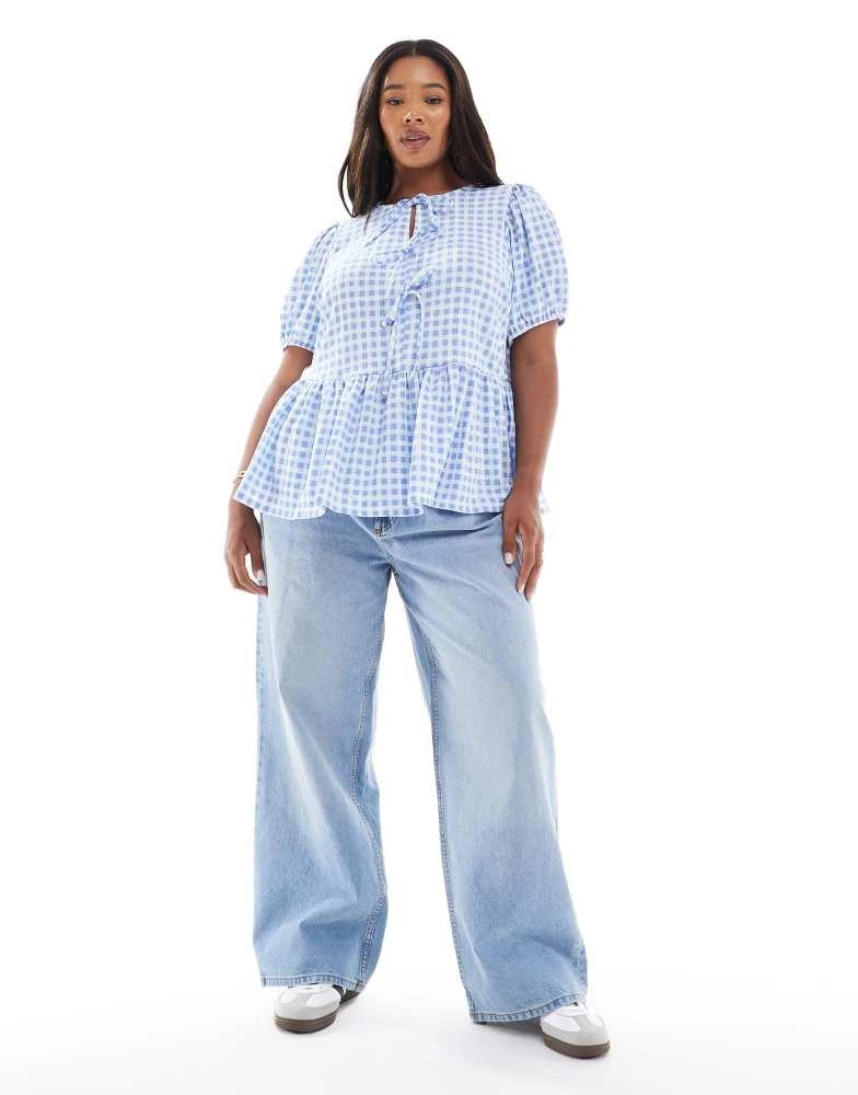 New Look Plus New Look Curve tie front peplum top in blue gingham 2