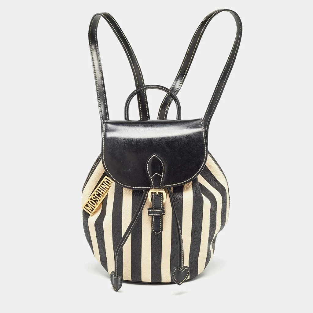 Moschino Moschino Black/Cream Coated Canvas Striped Mini Drawstring Backpack 1