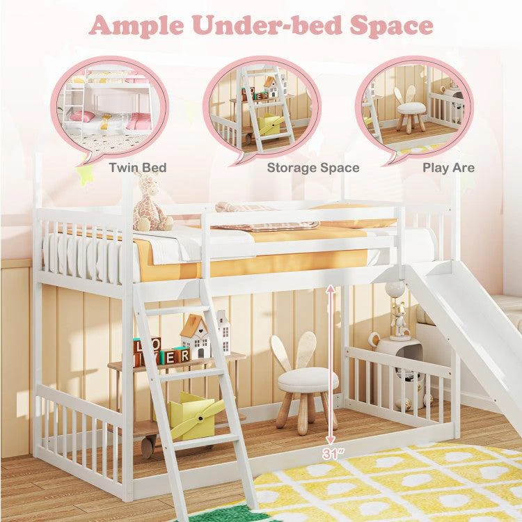 Hivvago Twin Over Twin House Bunk Bed with Slide and Ladder-White 3
