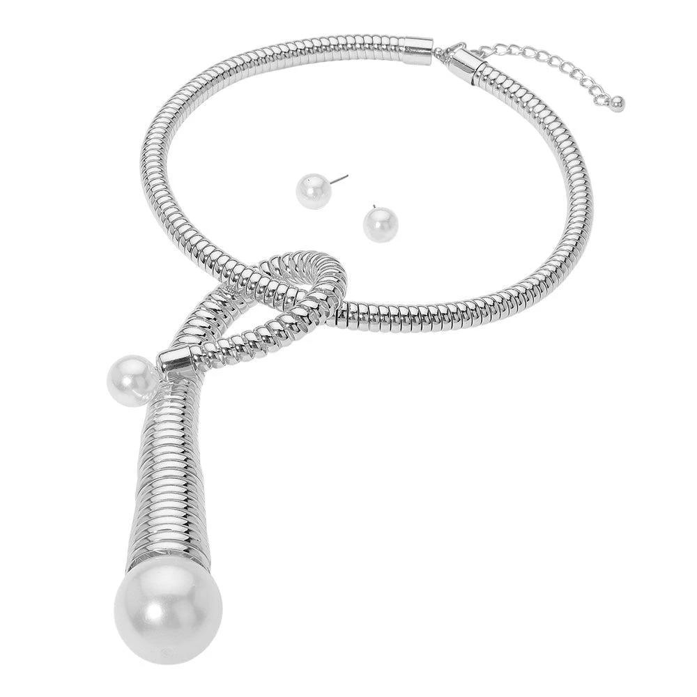 FASHNZFAB Bold Pearl Tip Modern Coil Drop Accent Statement Necklace 2