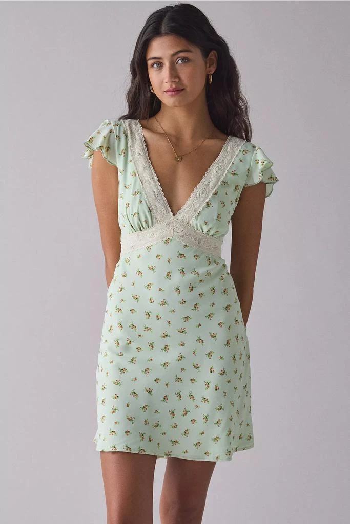 Kiss The Sky Kiss The Sky Green Floral Satin V-Neck Lace Trim Mini Dress 1