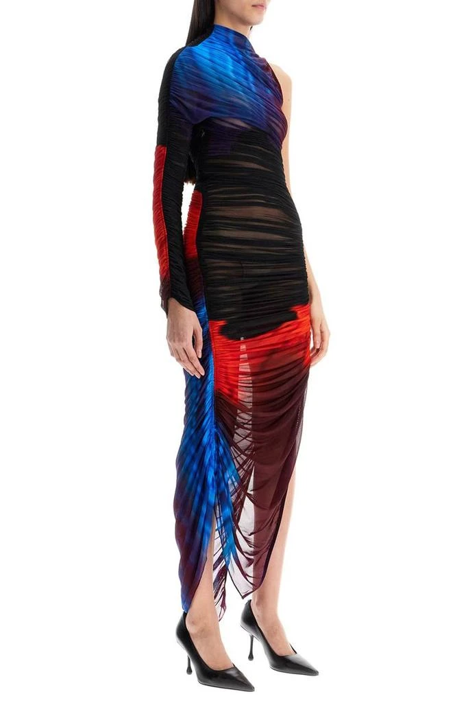 Mugler asymmetrical pleated floral dress in blue and red slim fit long sleeve 2