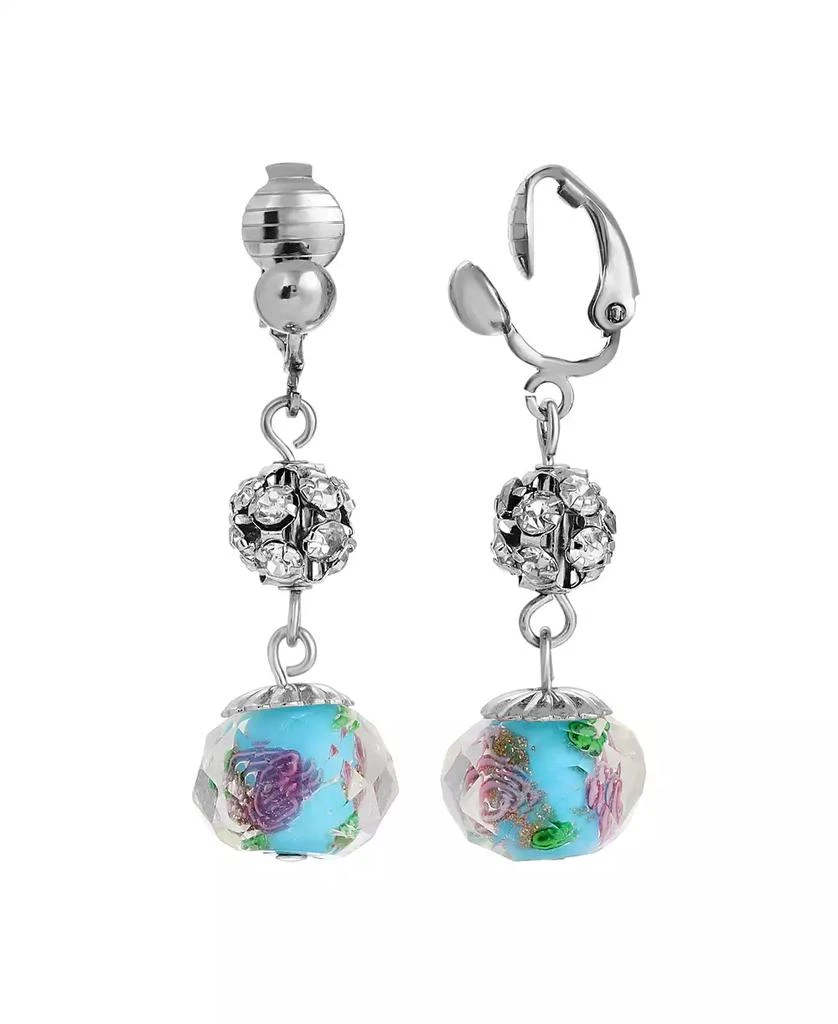 2028 Aqua and Pink Flower Bead with Crystals Clip Earrings
