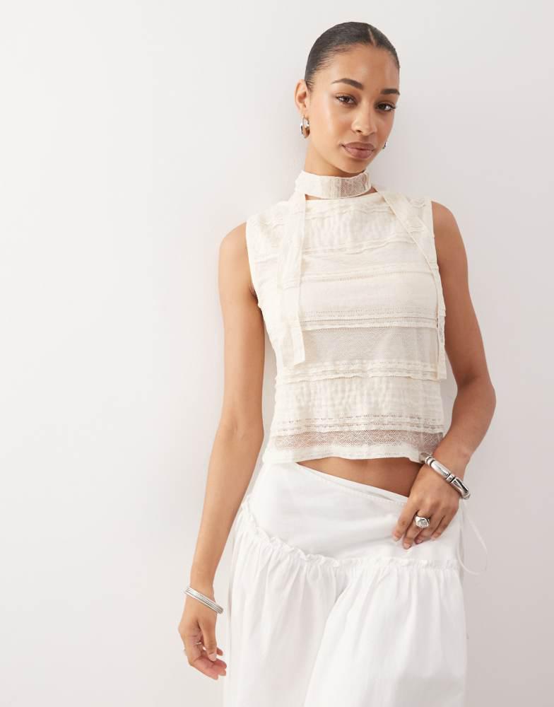 Reclaimed Vintage Reclaimed Vintage textured jersey and lace slash neck tank top and matching scarf in cream