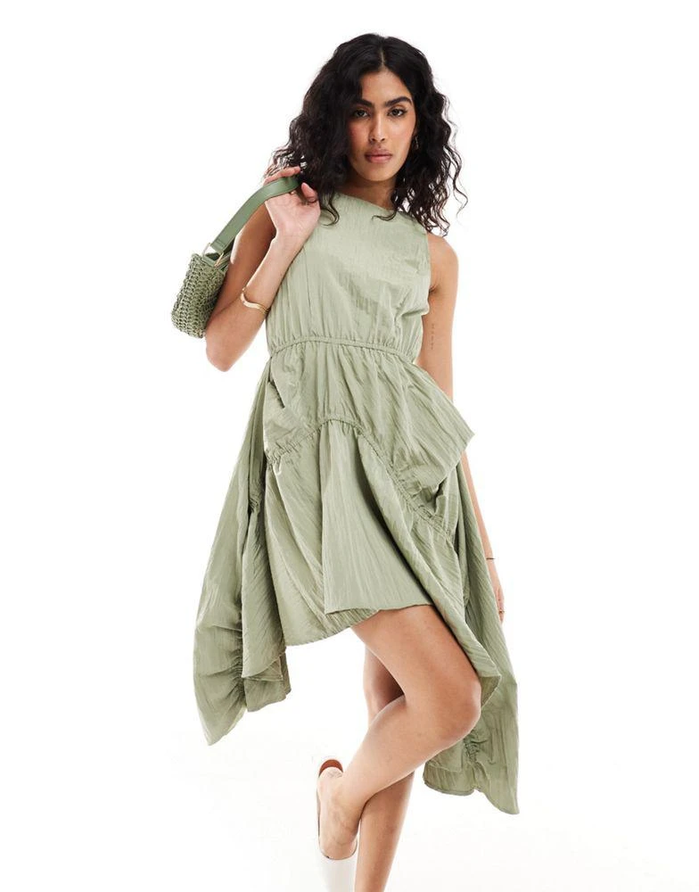 ASOS ASOS DESIGN mini dress with high low skirt elasticated in khaki crinkle 1