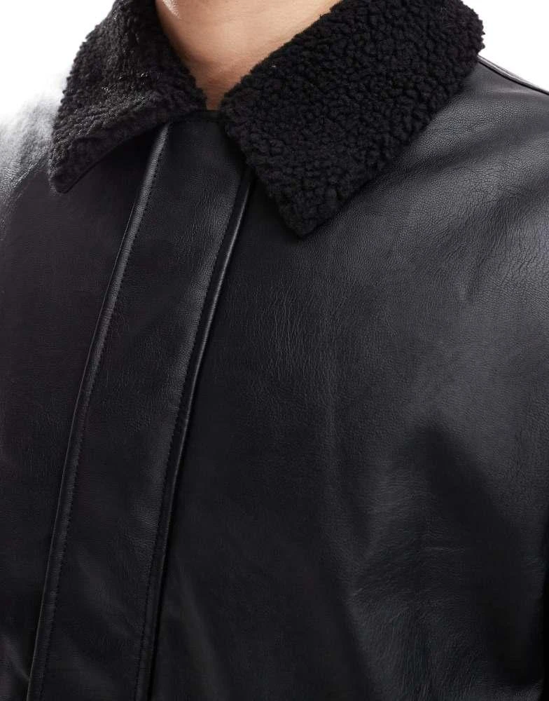 ASOS ASOS DESIGN faux leather wadded harrington jacket with borg collar in black 2