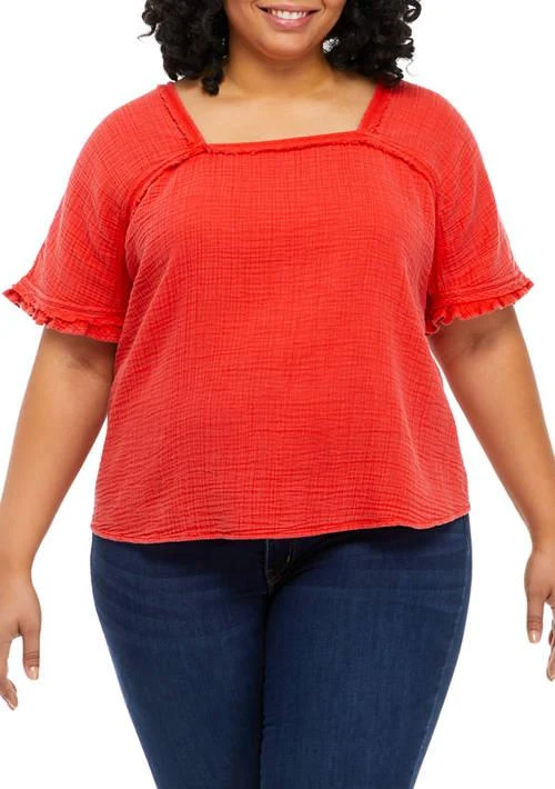Wonderly Plus Size Short Sleeve Cotton Gauze Square Neck Top 1