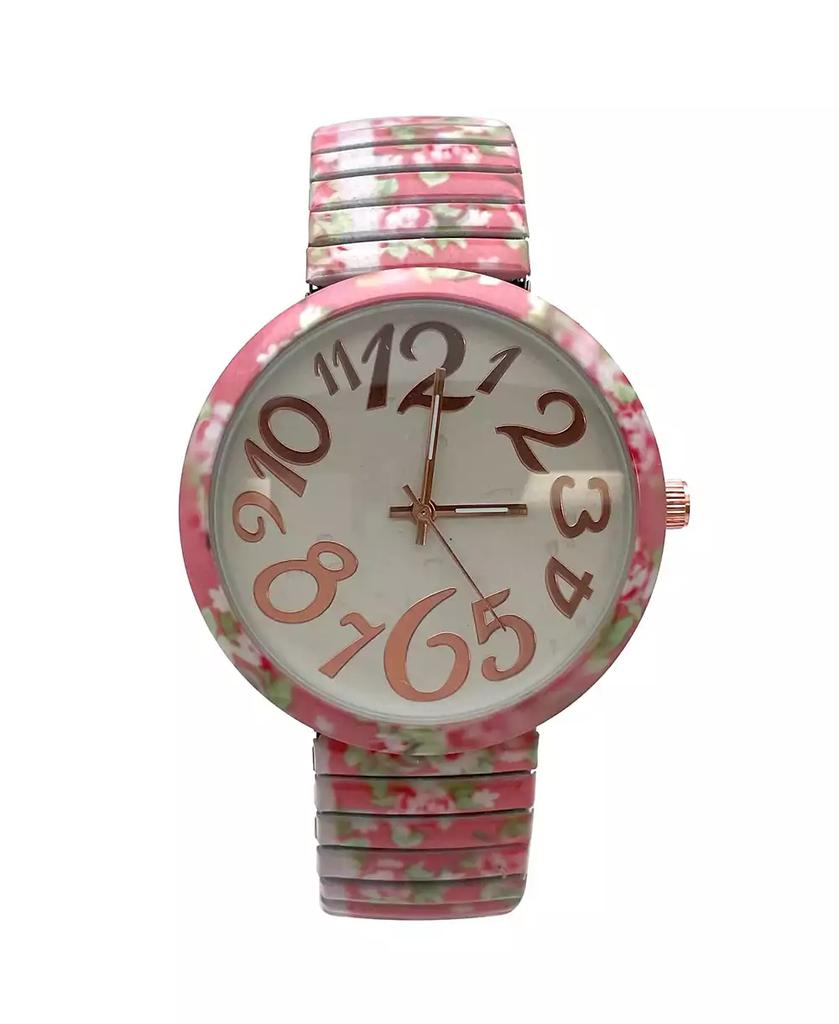 Olivia Pratt Light Pink Floral Big Dial Easy Reader Watch Floral Elastic Stretch Band Wristwatch Women Watch