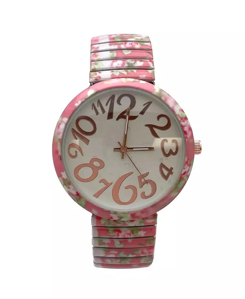 Olivia Pratt Light Pink Floral Big Dial Easy Reader Watch Floral Elastic Stretch Band Wristwatch Women Watch 1