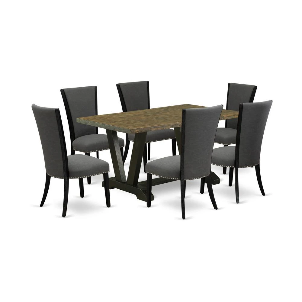 East West Furniture 7 Piece Dining Set Contains a Distressed Jacobean Wooden Dining Table and 6 Dark Gotham Grey Linen Fabric Dining Chairs with High Back - Wire Brushed Black Finish 2