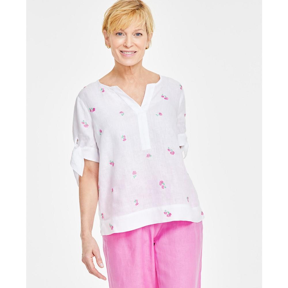 Charter Club Women's London 100% Linen Floral-Embroidered Top, Created for Macy's