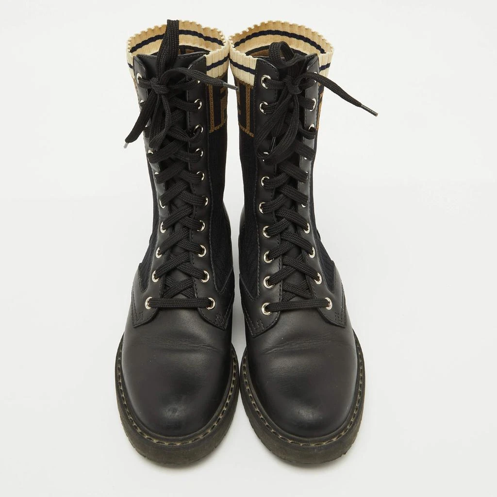 Fendi Fendi Black Leather and Zucca Stretch Fabric Rockoko Combat Boots Size 35.5 3