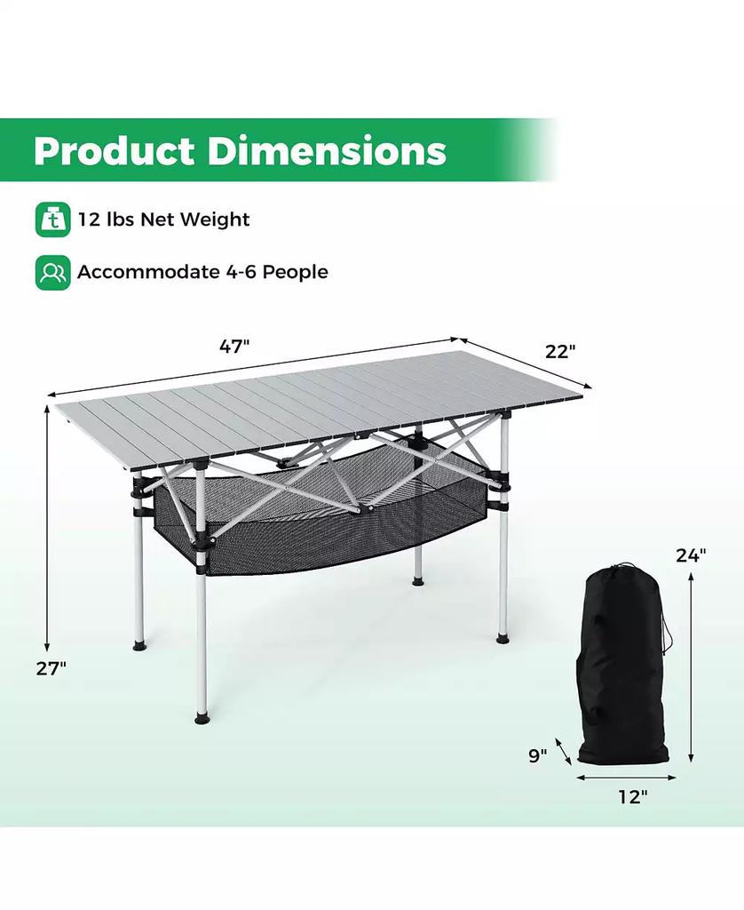 Costway Patio Folding Camping Table with Aluminum Roll-up Tabletop & Mesh Basket