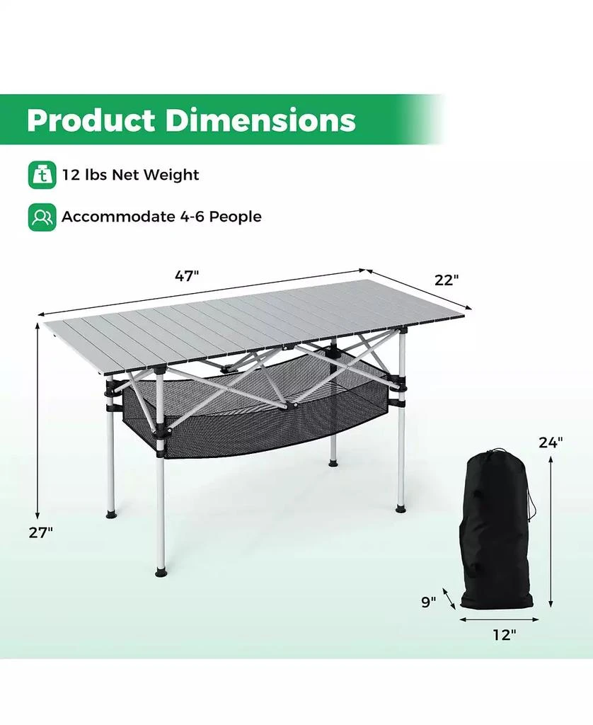 Costway Patio Folding Camping Table with Aluminum Roll-up Tabletop & Mesh Basket 2