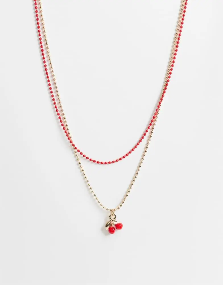 DesignB London DesignB London multirow cherry charm necklace in gold and red