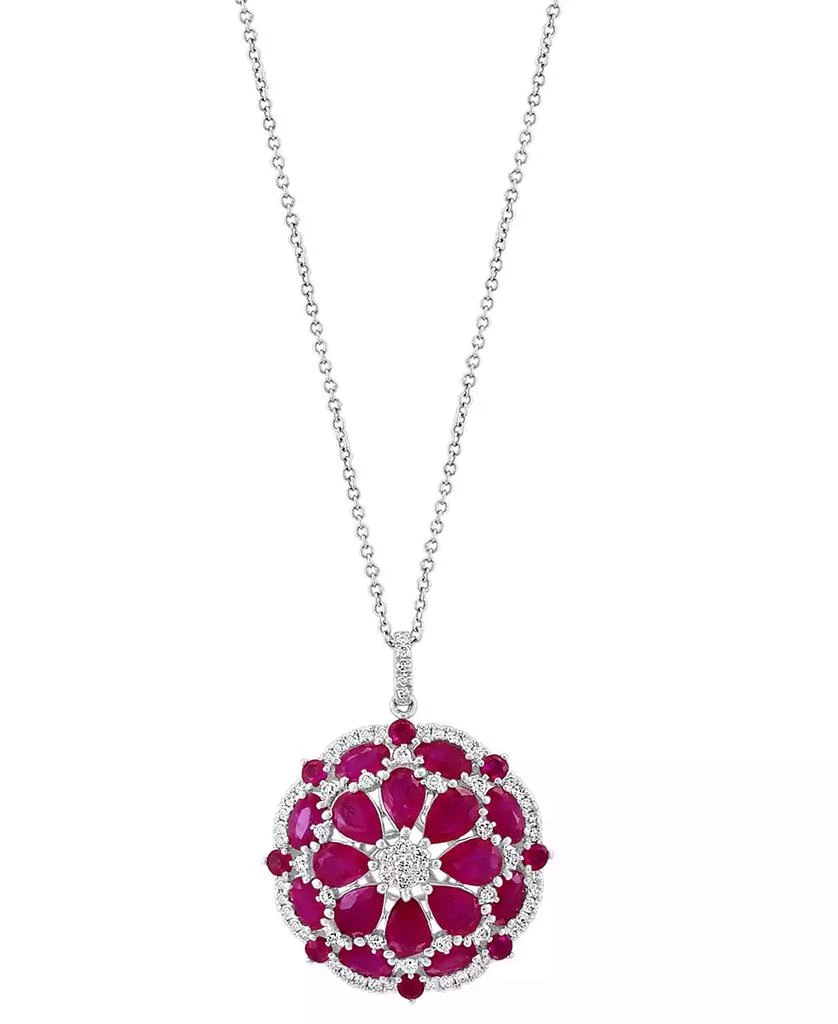 Effy EFFY® Ruby (6-7/8 ct. t.w.) 
Diamond (5/8 ct. t.w.) Flower Cluster 18" Pendant Necklace in 14k White Gold