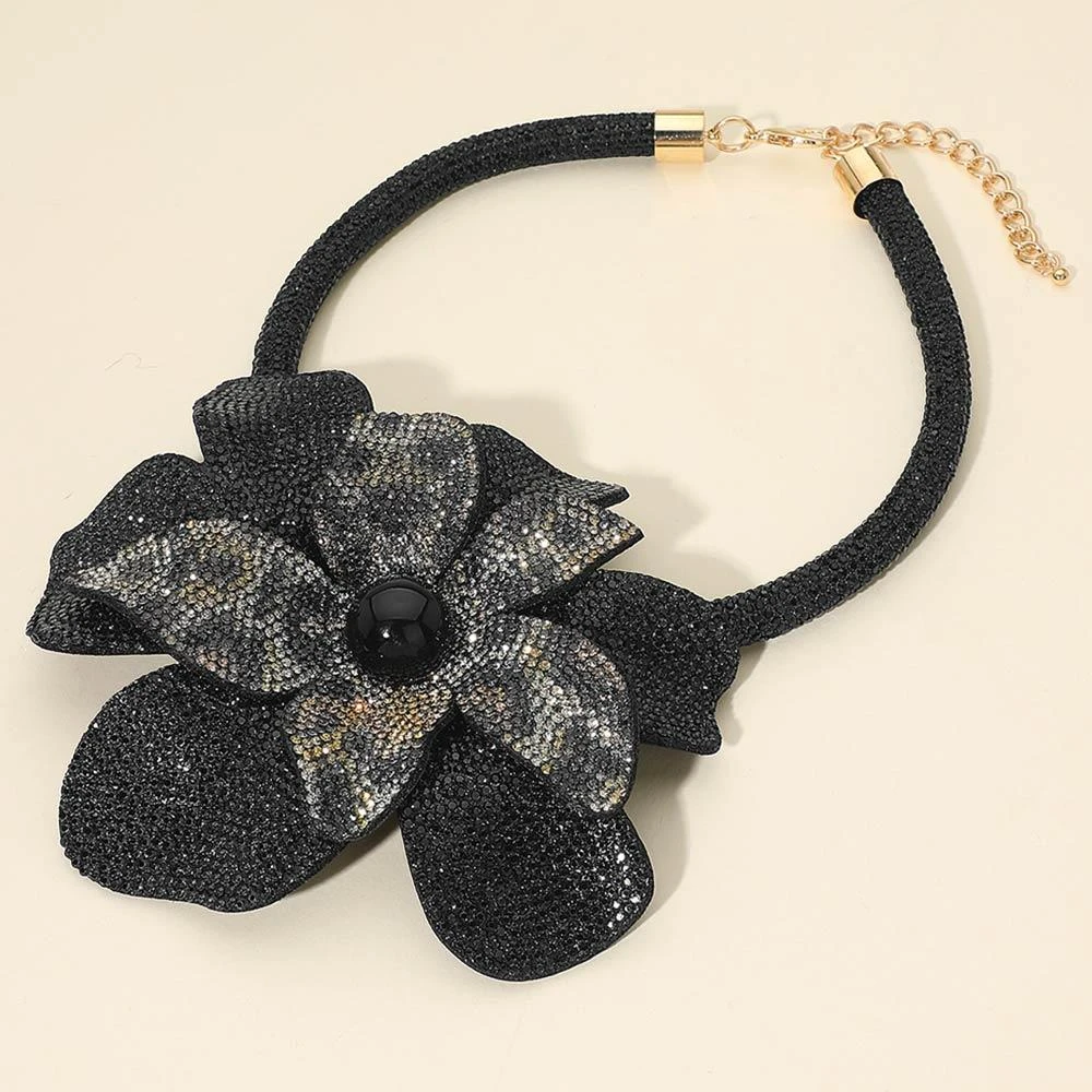 FASHNZFAB Pearl Centered Bling Studded Oversized Flower Pointed Necklace