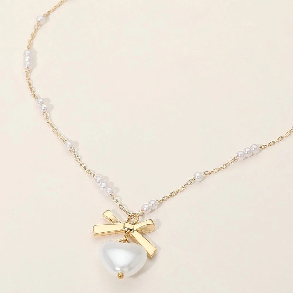 FASHNZFAB Bow Pearl Heart Pendant Pearl Bead Station Necklace