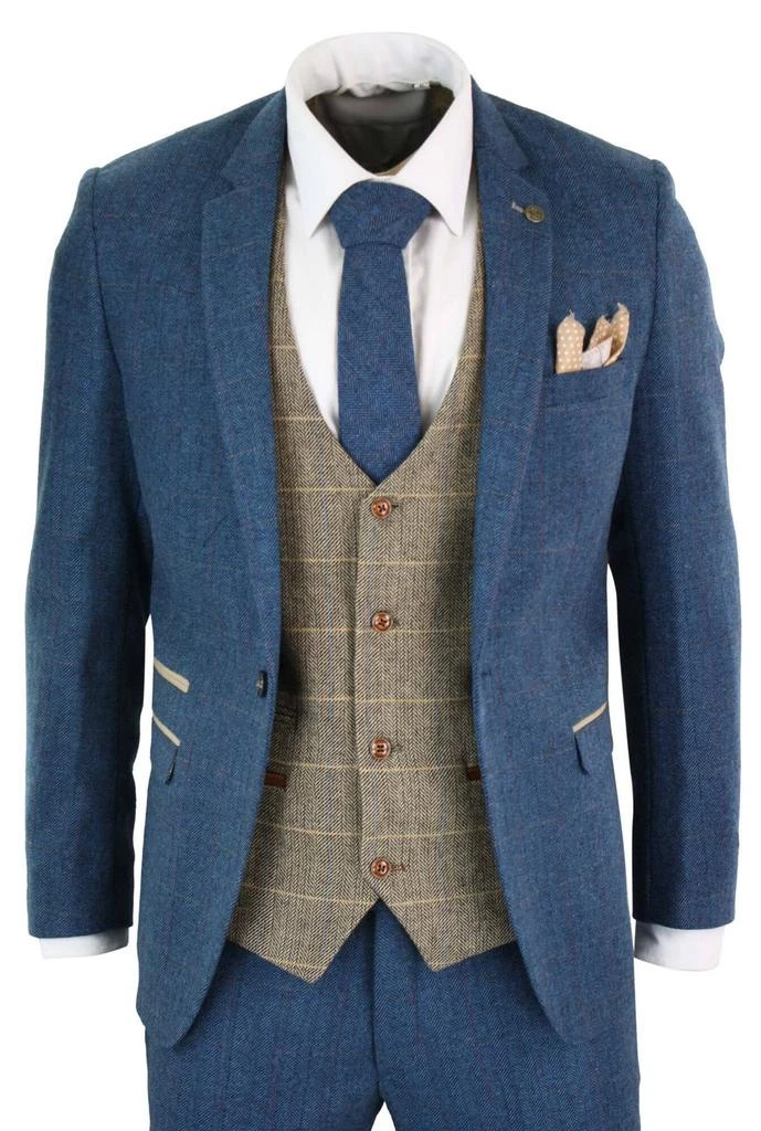 Marc Darcy Deon Blue Tan Brown 3 Piece Tweed Suit 1