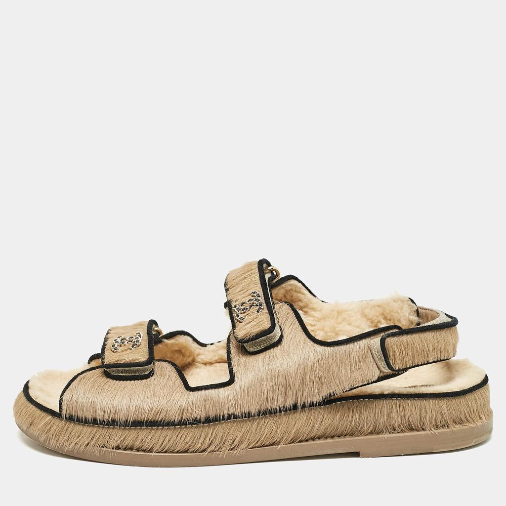 Chanel Chanel Brown Calf Hair and Shearling Fur Dad Slingback Sandals Size 40.5