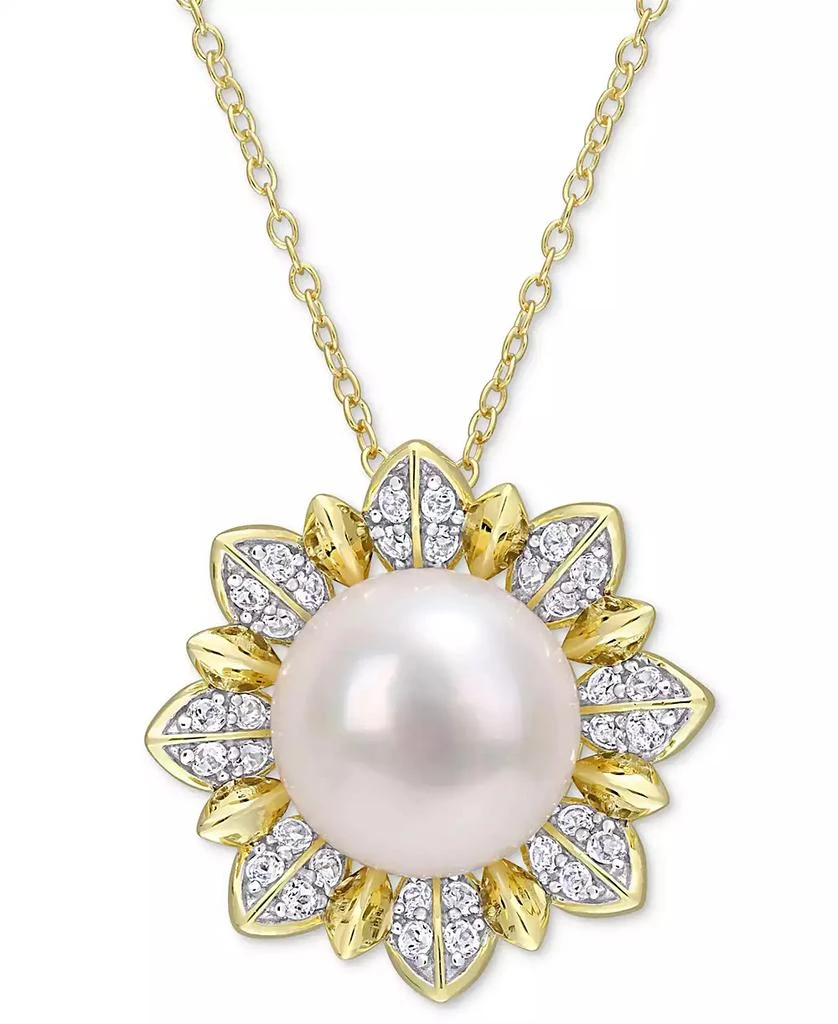 Macy
s Cultured Freshwater Pearl (8-1/2mm) 
White Topaz (1 ct. t.w.) Flower 18" Pendant Necklace in Gold-Tone Plated Sterling Silver