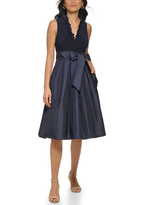 Jessica Howard Howard Womens Sleeveless Ruffle V Neck Solid Fit And Flare Bow Side Tie Dress