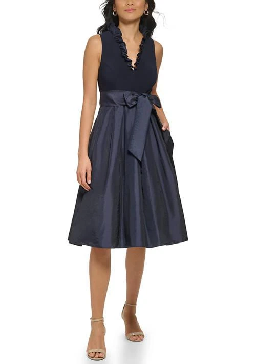 Jessica Howard Howard Womens Sleeveless Ruffle V Neck Solid Fit And Flare Bow Side Tie Dress 1