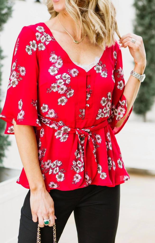 cupcakes and cashmere Tipton Wrap Blouse In Red Floral