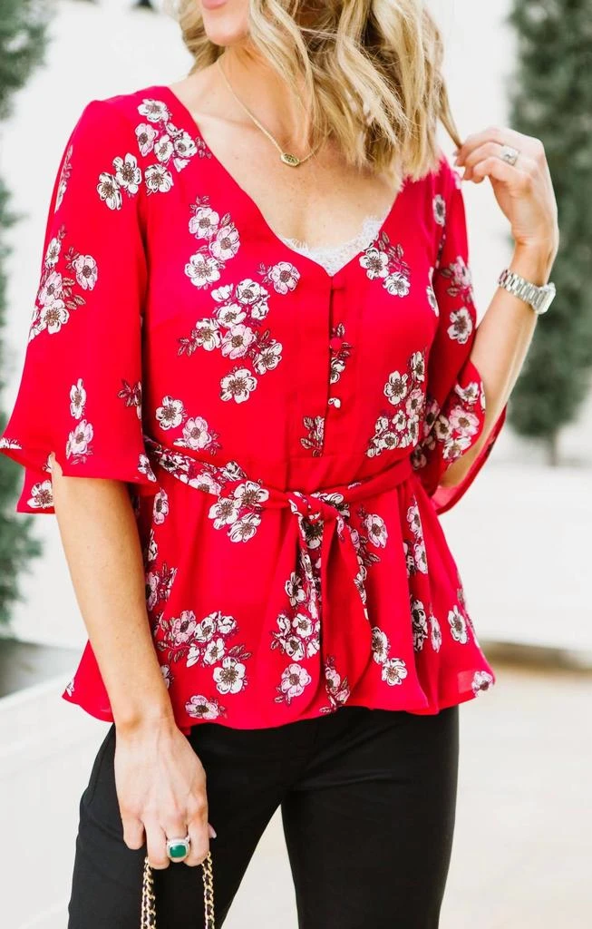 cupcakes and cashmere Tipton Wrap Blouse In Red Floral 2