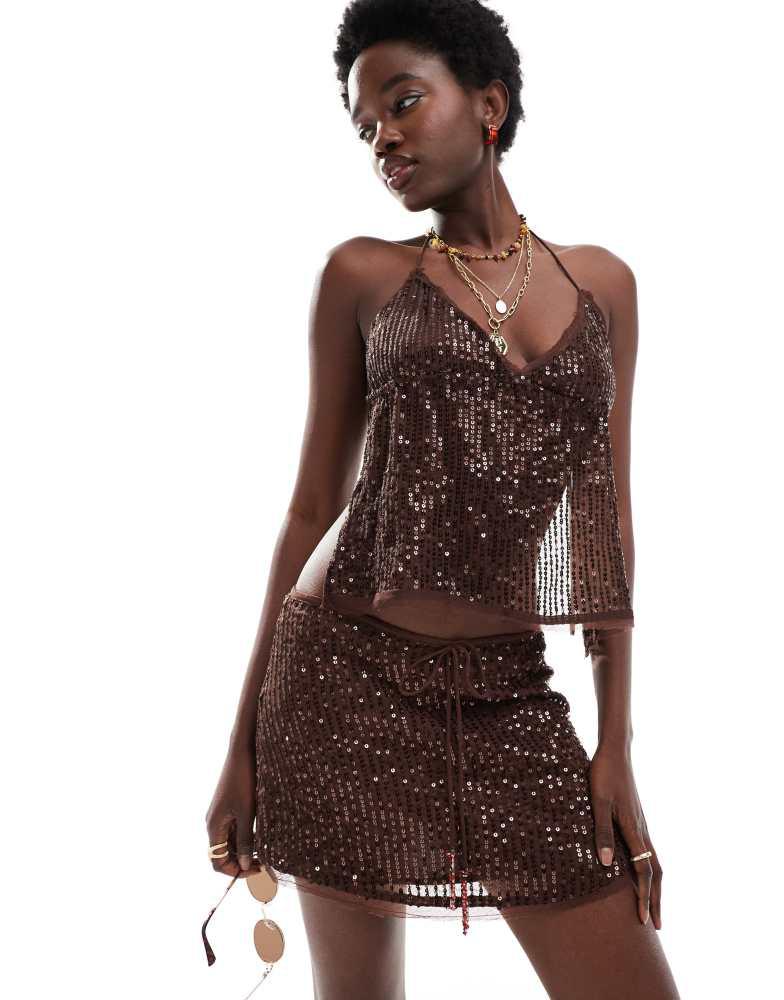 Pull&Bear Pull&Bear sequin mini skirt co-ord in brown