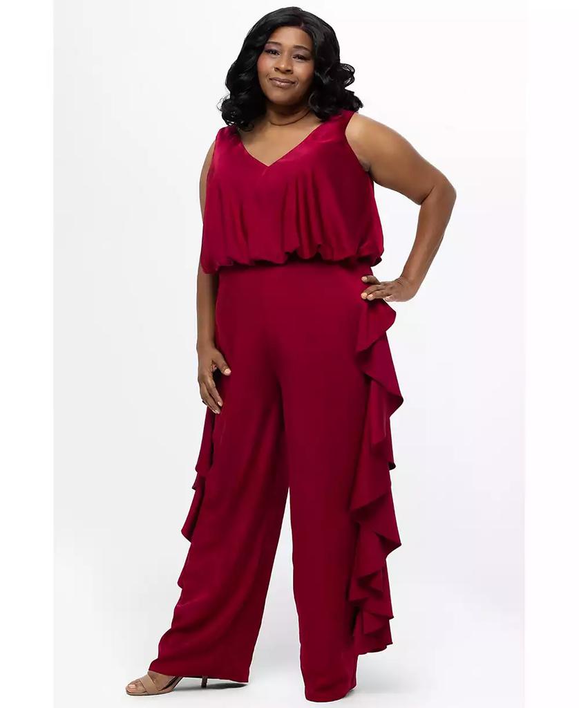 Celebrations by Sydney's Closet Women's V-Neck Stretch Satin Jumpsuit with Ruffles