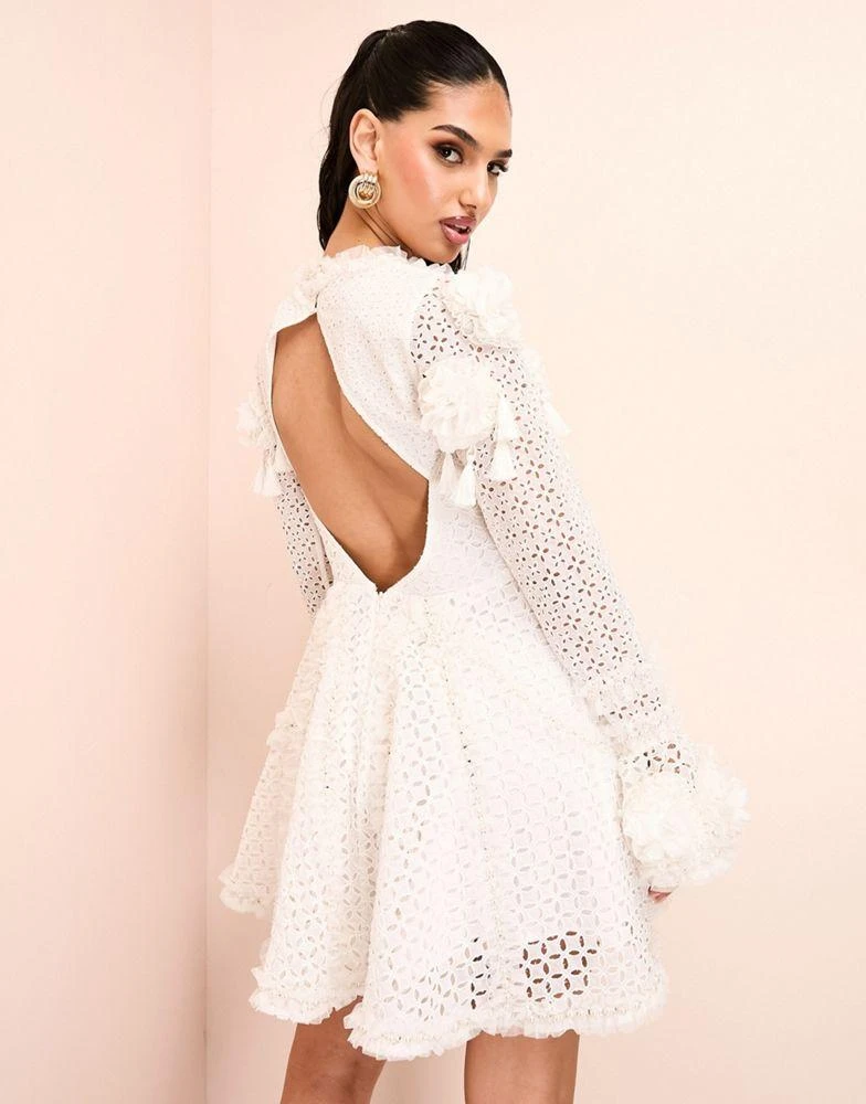 ASOS Luxe ASOS LUXE 3D floral embellished cotton broderie mini skater dress in white 4