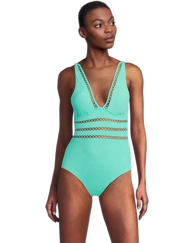 Becca Modern Edge Swimsuit Womens  Aqua Sea Stretch Plunge One Piece RED271