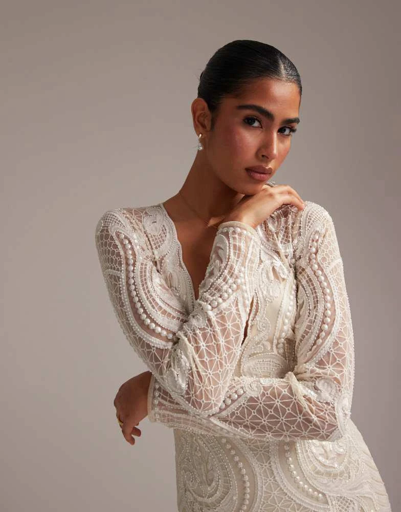 ASOS ASOS DESIGN embroidered plunge long sleeve maxi wedding dress in ivory 2