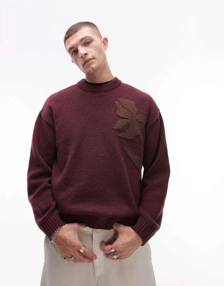 Topman Topman oversized jumper with floral jacquard in burgundy 3