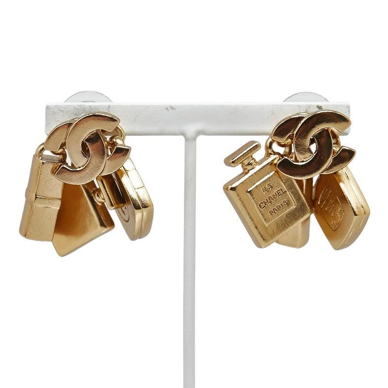 Chanel Coco Mark Perfume Lip Foundation Swing Cosmetic Motif Earrings Gold Plated 2