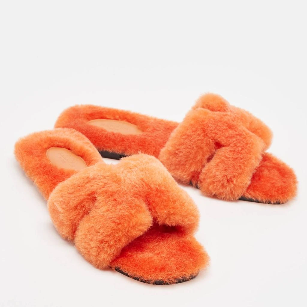 Hermes Hermes Orange Shearling Fur Oran Flat Slides Size 37.5 4