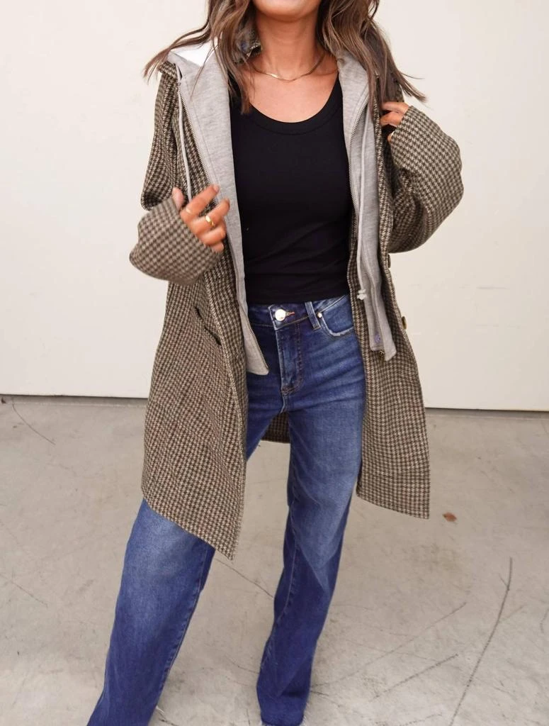 Hem 
Thread Plaid Detachable Hoodie Two-Fer Coat In Brown