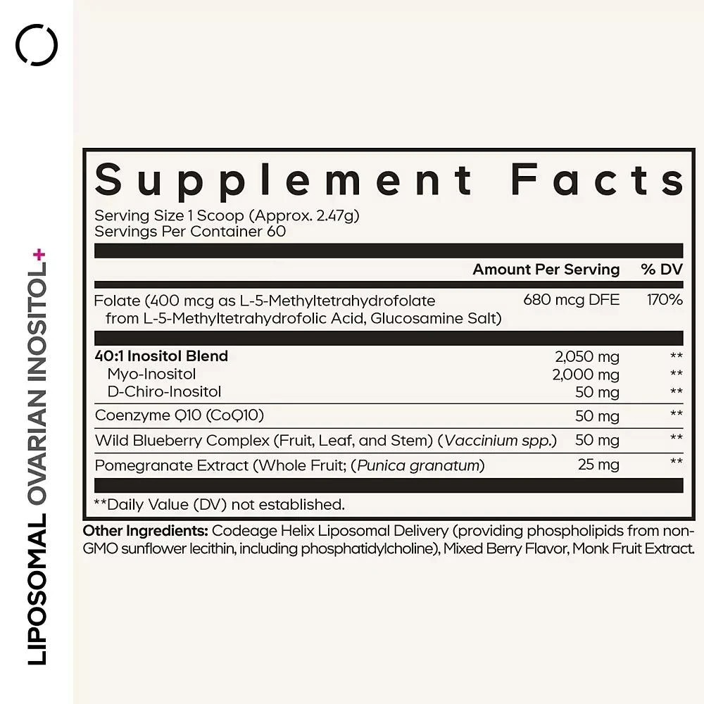 Codeage Liposomal Ovarian Inositol Powder - Myo-Inositol
D-Chiro-Inositol 40:1 Blend, Folate 5-MTHF, CoQ10, Pte
Wild Blueberry, 60 Servings 3