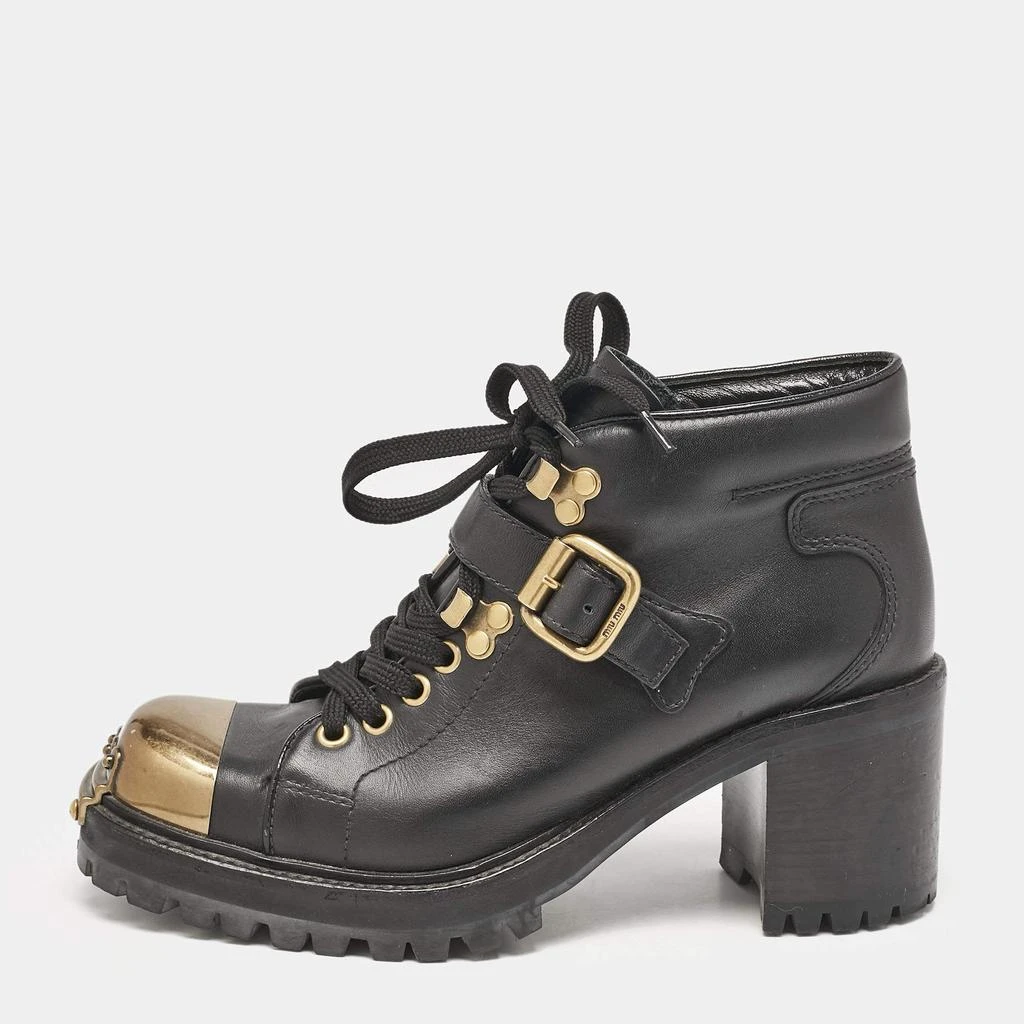 Miu Miu Miu Miu Black lLather Block Heel Ankle Combat Boots Size 36 1