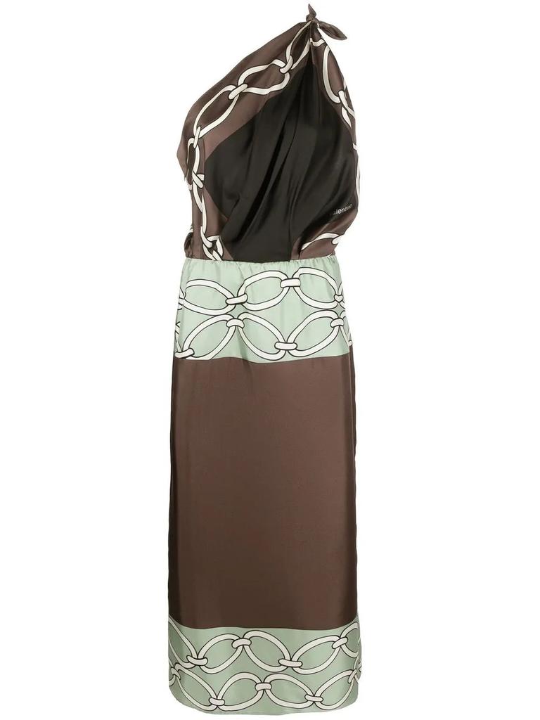 Valentino Garavani Chain-Print One-Shoulder Silk Midi Dress