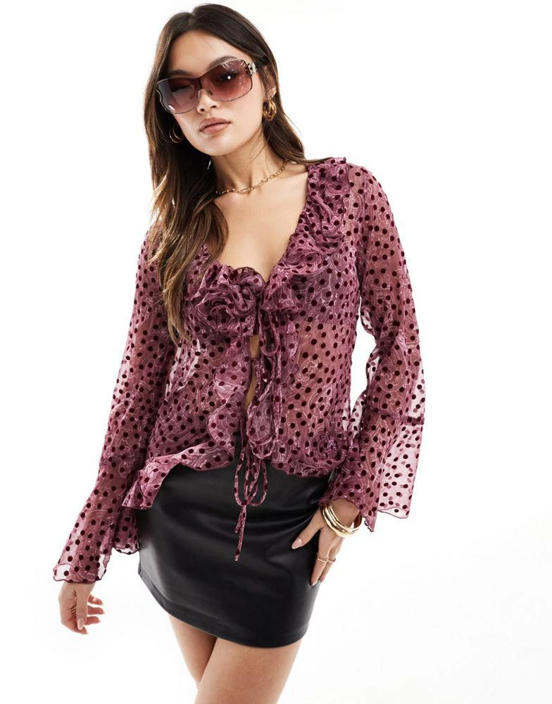 River Island River Island corsage detail frill blouse in dark purple 1