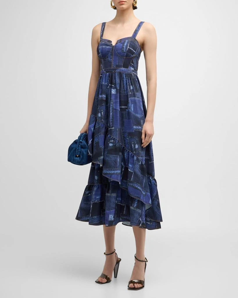 Cinq a Sept Jordyn Patchwork Denim Tiered Ruffle Bustier Midi Dress 1