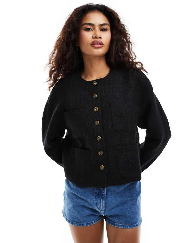 Moon River Moon River button front pocket detail textured cropped jacket in black 1