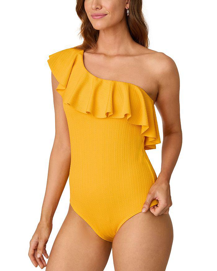 Shoshanna One Shoulder Ruffle Ribbed One Piece Swimsuit