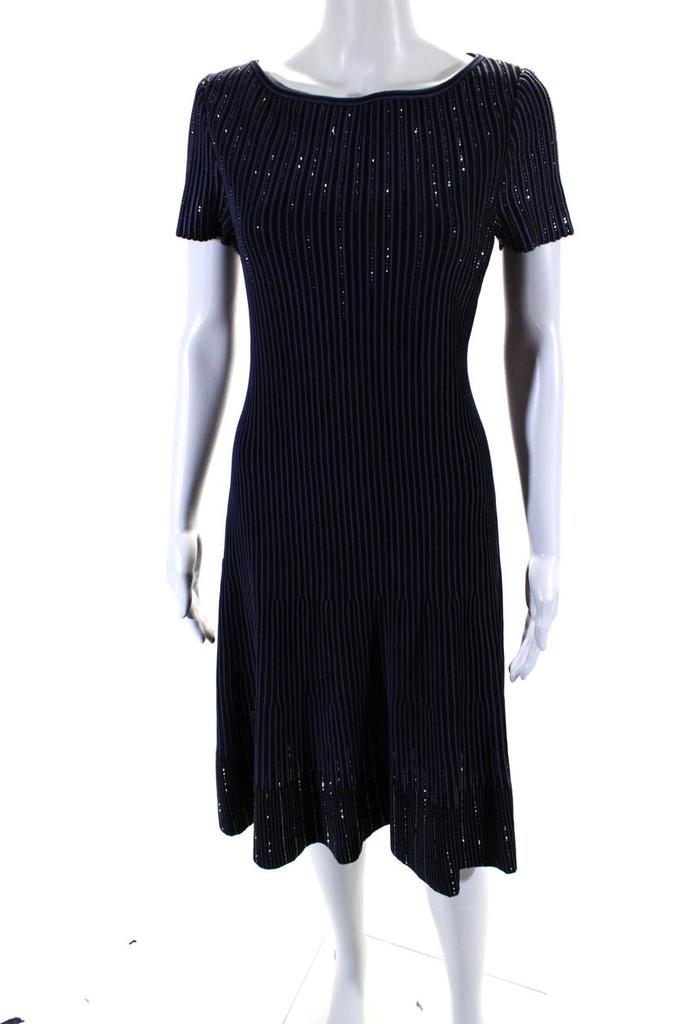 St. John Womens Striped Jeweled A Line Sweater Dress Black Blue