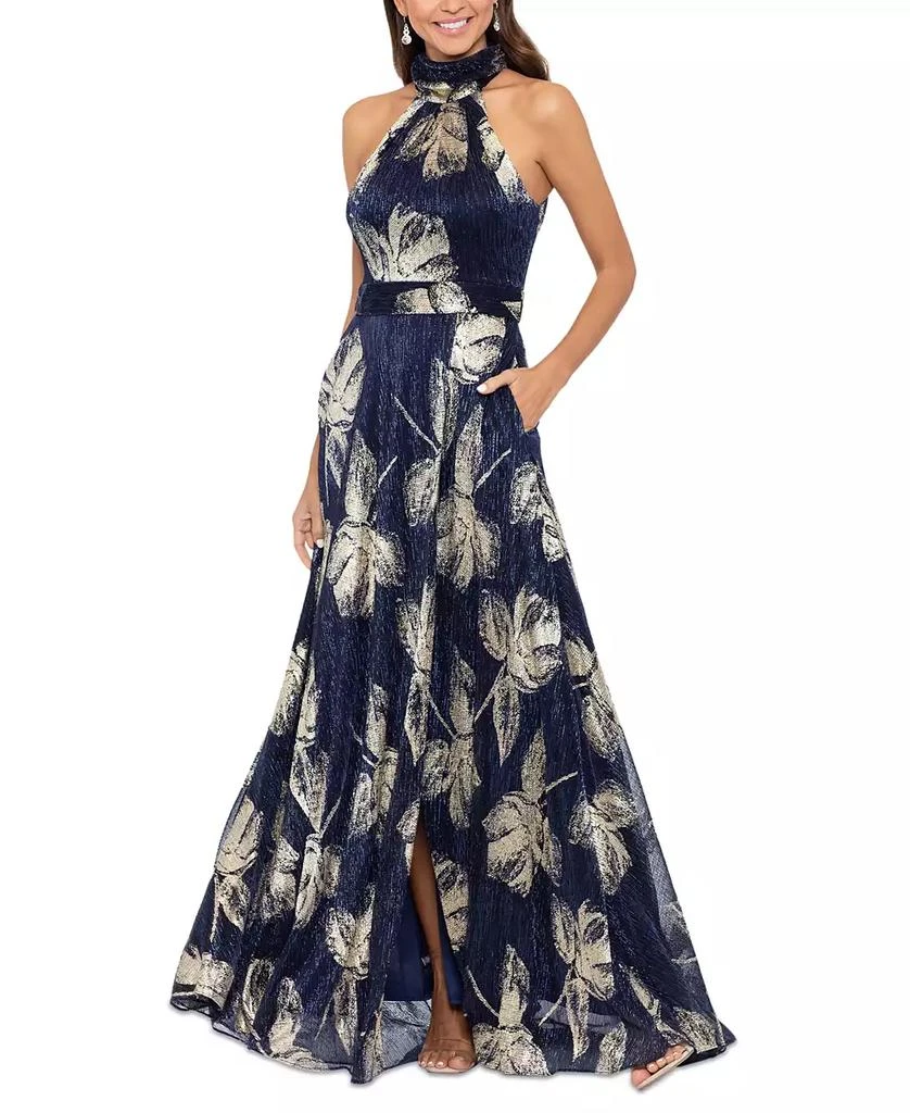 Betsy 
Adam Women
s Metallic-Print Halter Gown 4